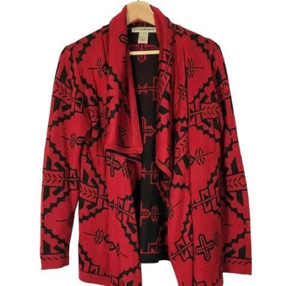 Cotton Emporium Tribal Printed Red & Black Drape Front Layering Cardigan Sweater